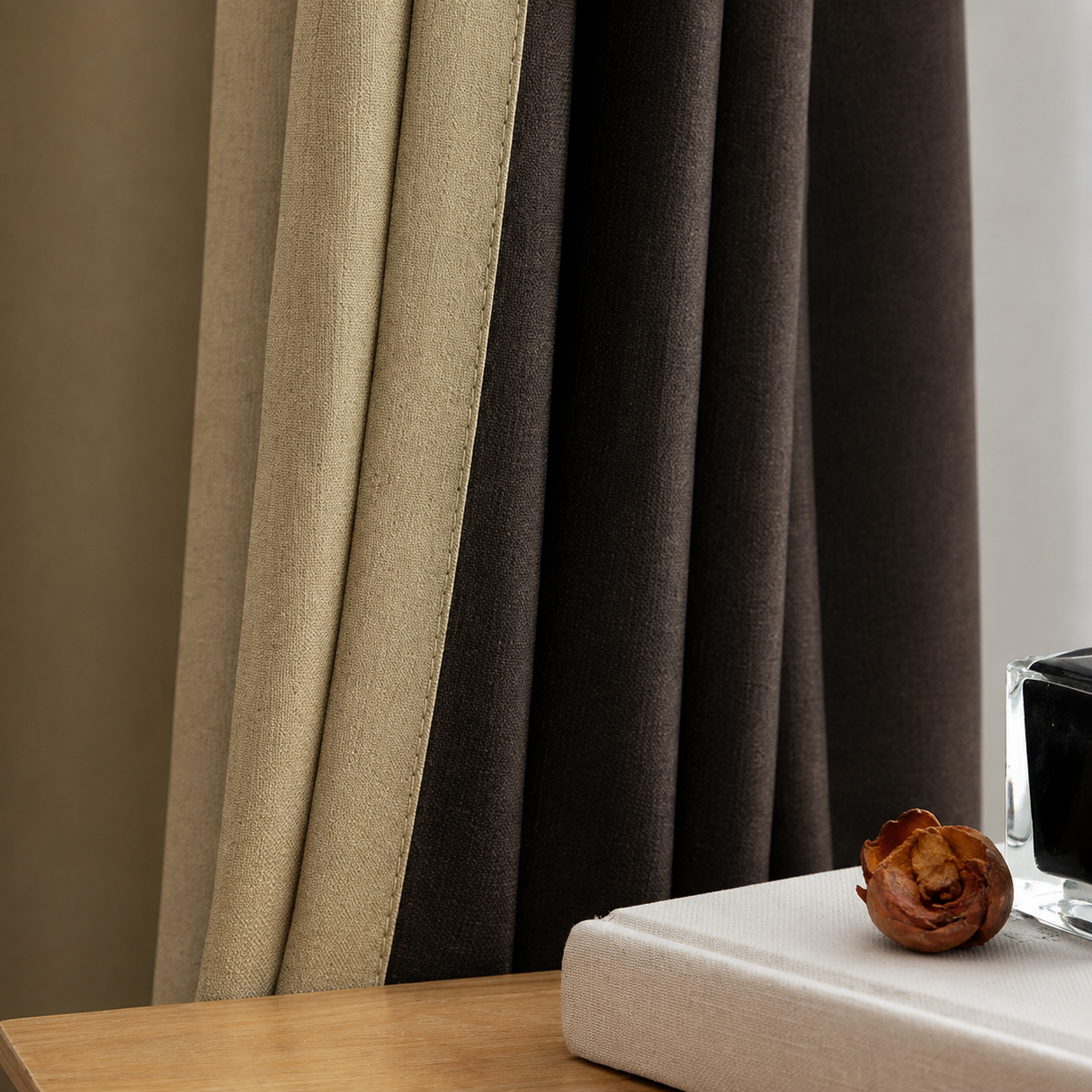 Wheat Beige Linen Blackout Grommet Top Curtains
