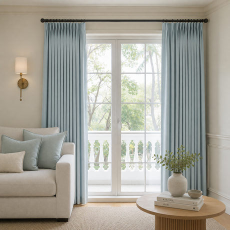Aqua Blue Linen Pencil Pleat Curtains