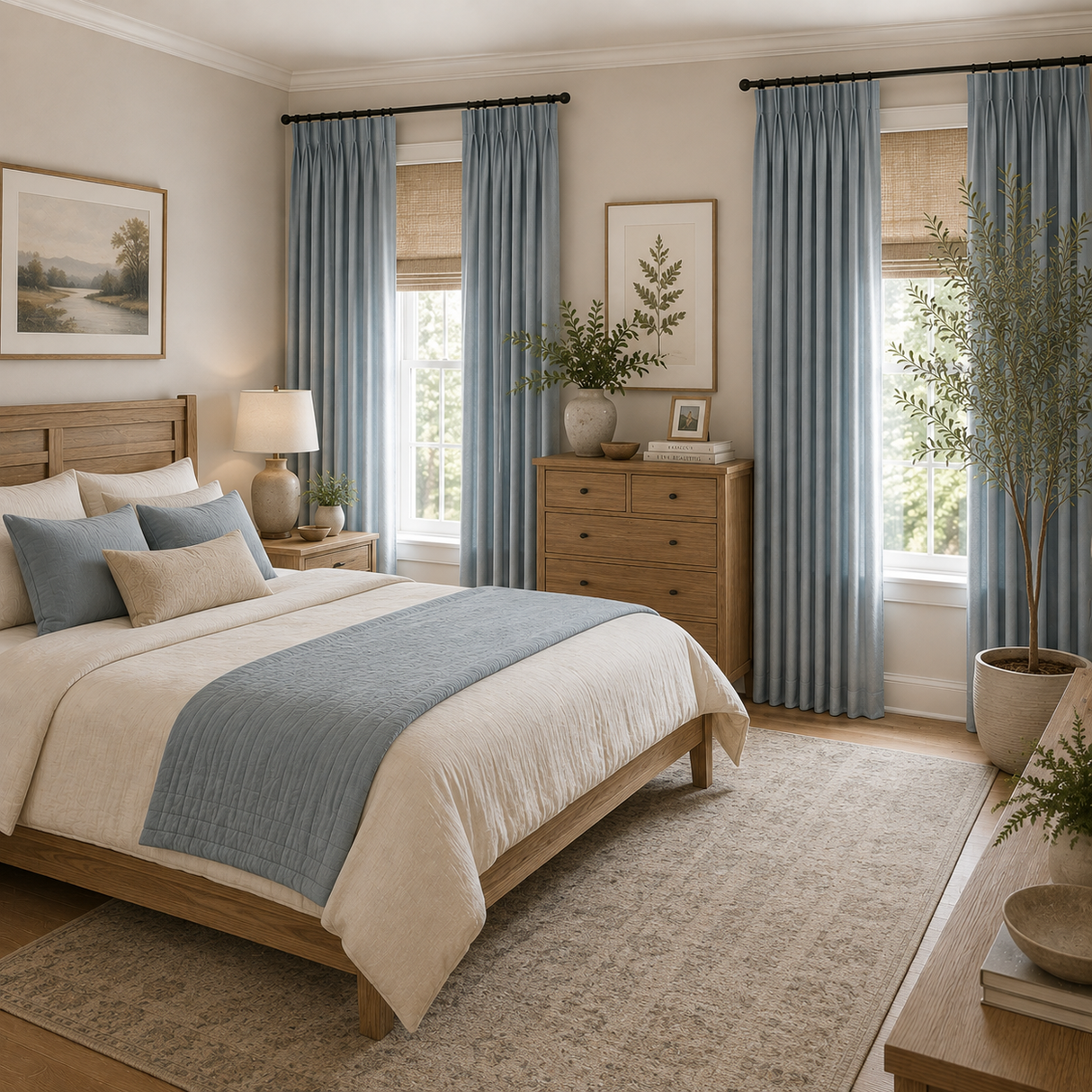 84 Inch Long Misty Blue Double-Sided Cotton Blend Blackout Curtains