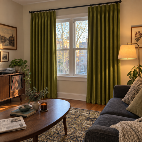 Avocado Green Velvet Pinch Pleat Curtains