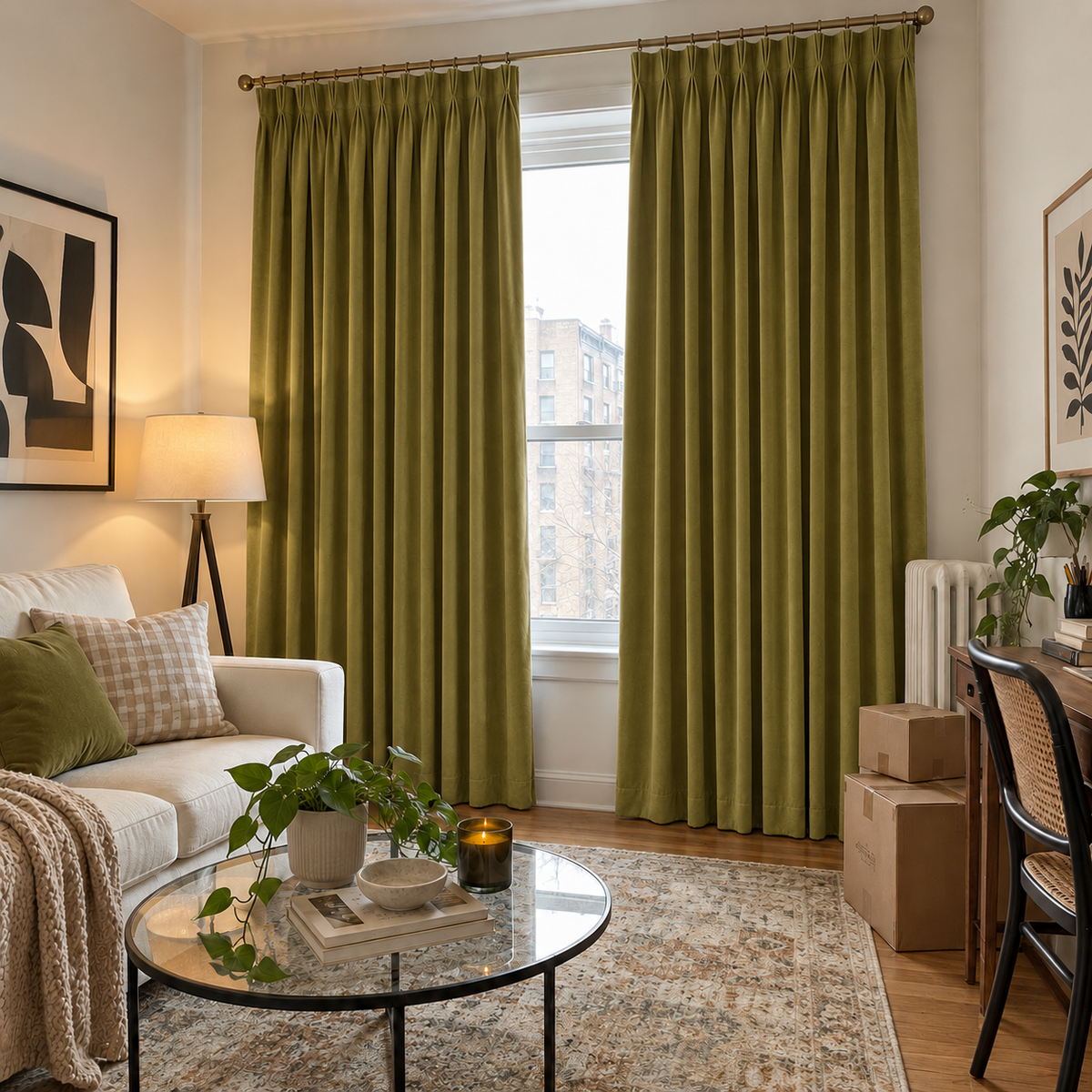 Avocado Green Velvet Pinch Pleat Curtains