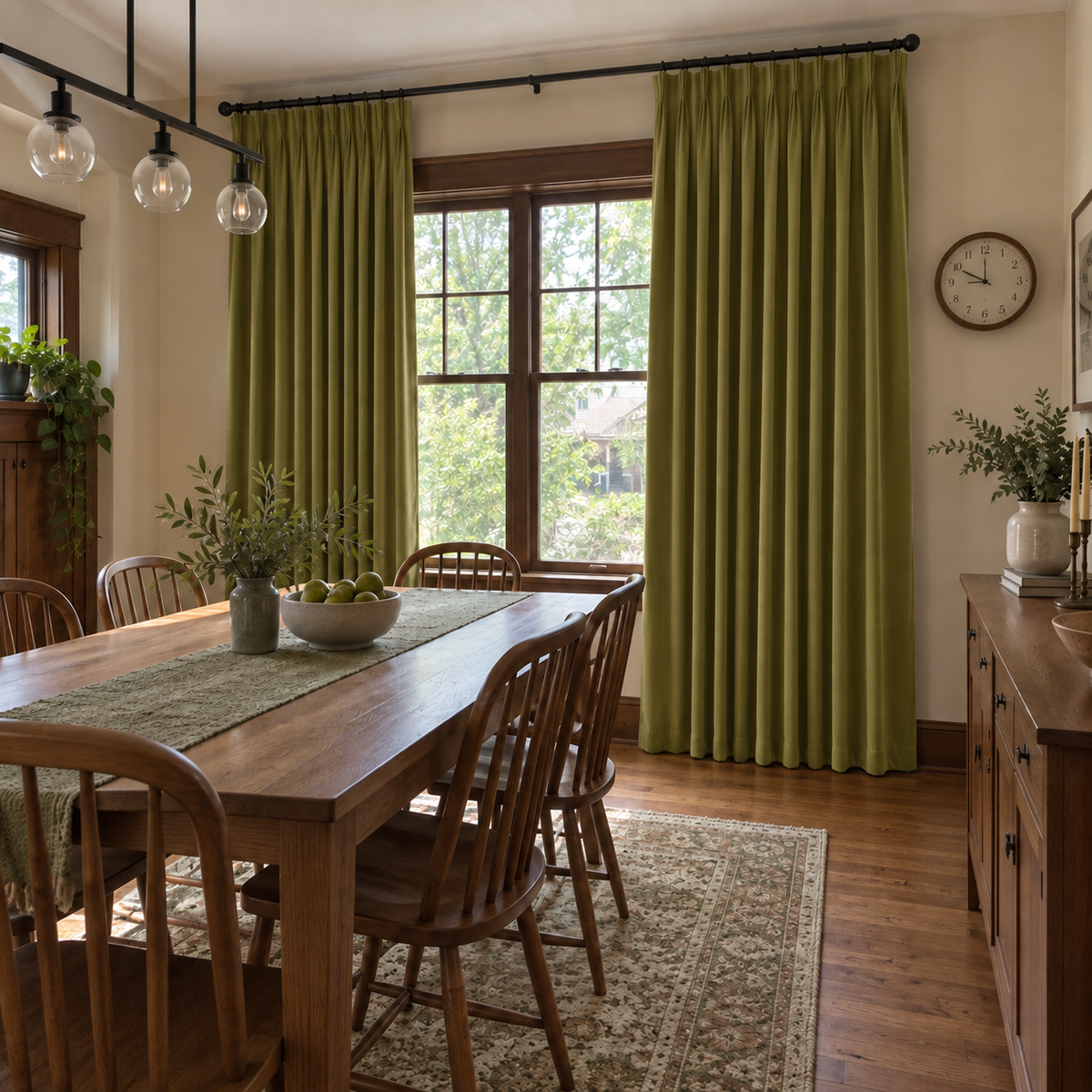 Avocado Green Velvet Pinch Pleat Curtains