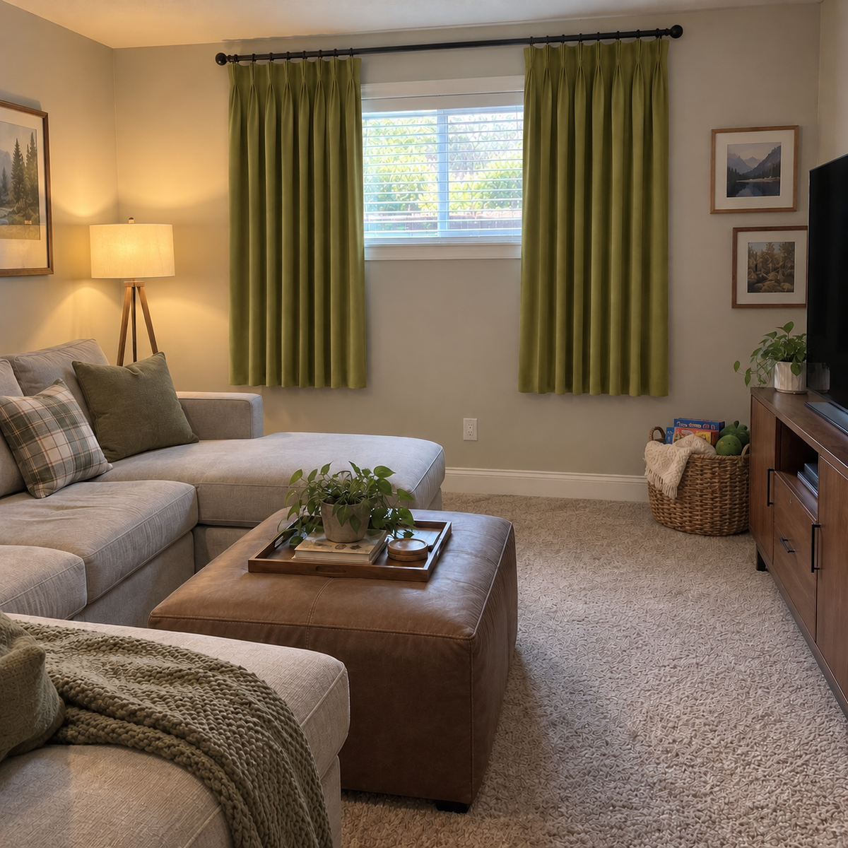 Avocado Green Velvet Pinch Pleat Curtains