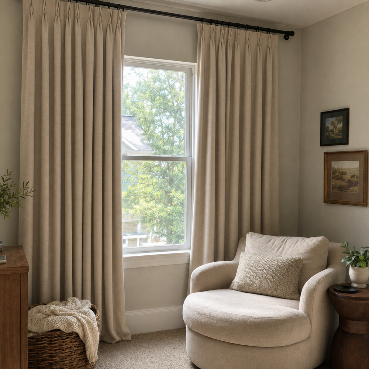 Warm Greige Linen Pencil Pleat Curtains