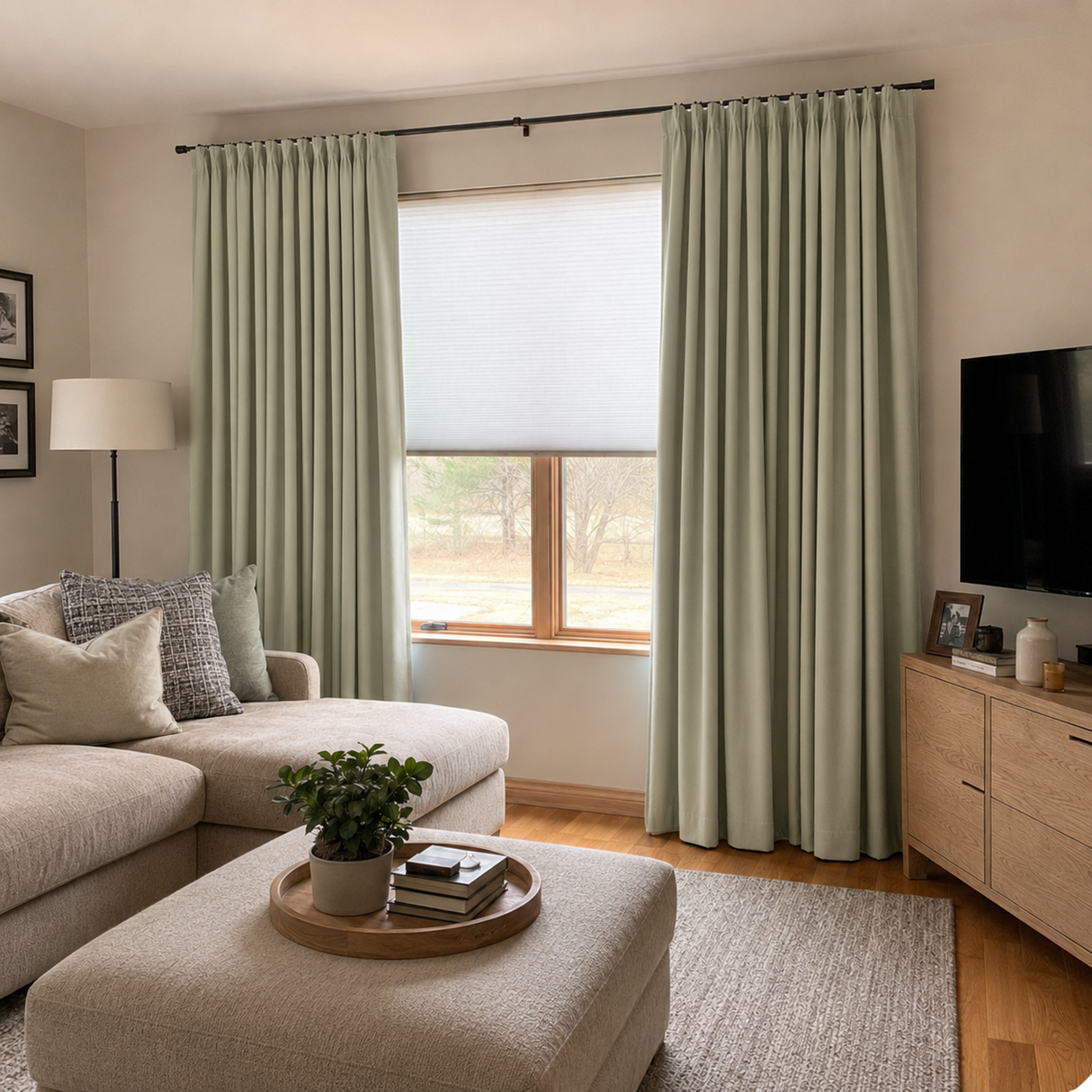 90 Inch Long Sage Mist Double-Sided Cotton Blend Blackout Curtains
