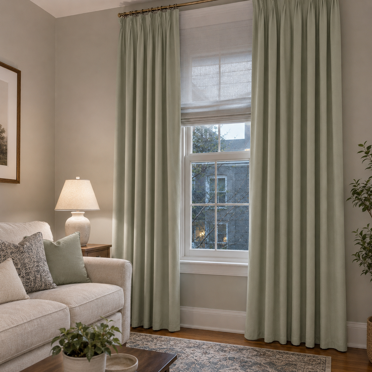 90 Inch Long Sage Mist Double-Sided Cotton Blend Blackout Curtains
