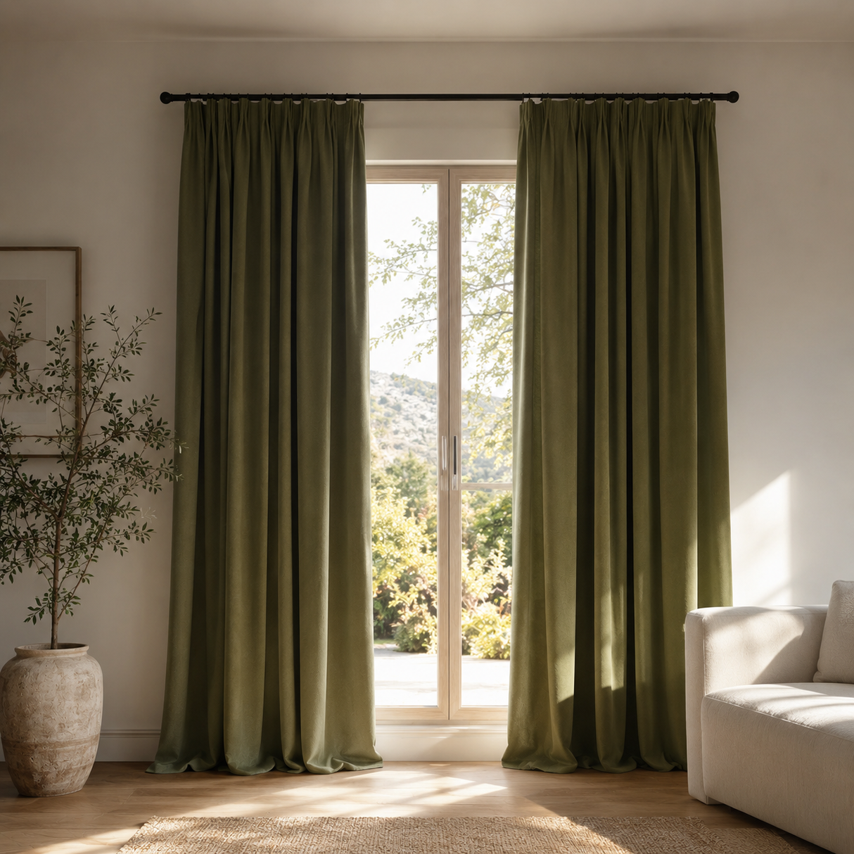 96 Inch Long Avocado Green Velvet Curtains