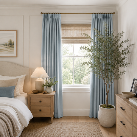 Misty Blue Double-Sided Cotton Blend Blackout Pinch Pleat Curtains